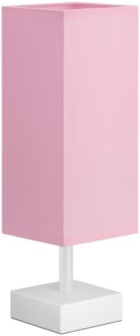 aooshine White Small Bedside Lamp for Bedroom - Square Pink Fabric Shade