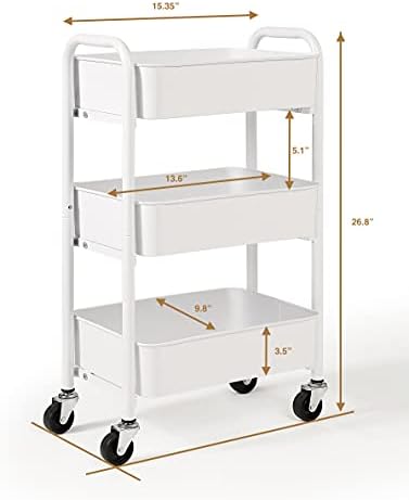 SunnyPoint 3-Tier Delicate Compact Rolling Metal Storage Organizer - Mobile Utility Cart Kitchen/Under Desk Cart with Caster Wheels - WHT (15.35" X 10.24" X 26.8"H)