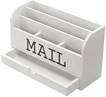 Cregugua White Desk Organizer Wooden Mail Storage box for tabletop office home,5 compartments with Drawer (4x11.8x7 in)