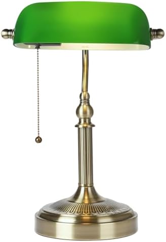 Green Glass Bankers Desk Lamp with Pull Chain Switch Plug in