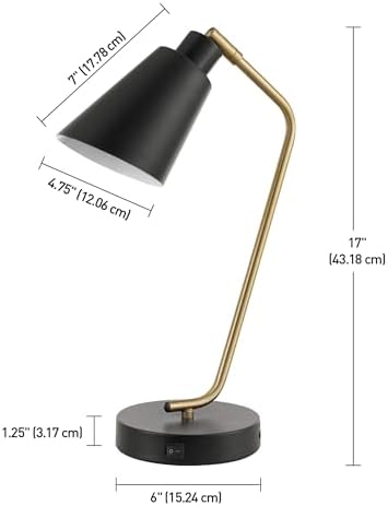 Globe Electric 52095 Belmont 17" Desk Lamp, Matte Black, Antique Brass Accents, Fast Charging USB Port, Rocker On/Off Switch