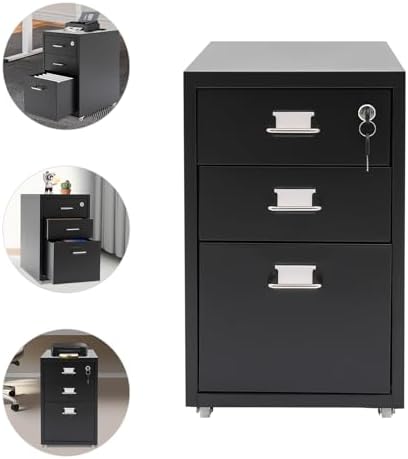 CNCEST 2-Drawer Vertical File Cabinet Metal Mobile Filing Cabinet with Lock Rolling File Drawer Cabinet Under Desk Sturdy Steel Storage Unit with Glide Drawers Lockable Wheels for Home Office (Black)