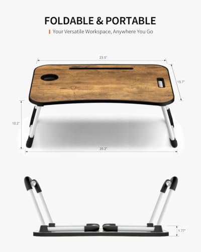 FISYOD Foldable Laptop Table, Portable Lap Desk Bed Table Tray, Laptop Stand with Cup Holder & Tablet Slot & Lifting Handle for Working Writing Drawing & Eating (Rustic Brown)