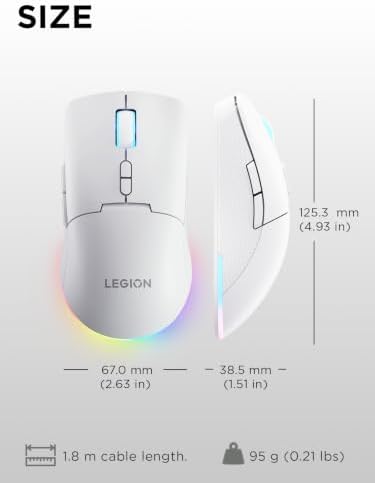 Lenovo Legion M220 Wireless RGB Gaming Mouse, Tri-Mode (Bluetooth, 2.4GHz & Wired), 5000 DPI Optical Sensor, 2-Zone RGB Lighting, 100Hr Battery, 7 Buttons, USB-C Rechargeable, Glacier White