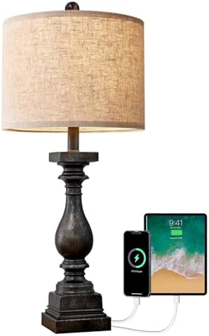 BOBOMOMO Retro 27" USB Charging Ports A/C Farmhouse Single Lamps for Bedrooms Retro Side Table Lamps Bedside Lamp for Side Nightstand Living Room 1 Pack (Blubs not Included)