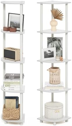 Furinno Turn-N-Tube Corner Shelf Set of 2, 5-Tier Corner Bookshelf, Open Storage Shelves, for Organization and Storage, Living Room, Home Office, Garage, White