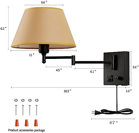 Swing Arm Wall Sconces, Plug-in Wall lamp,Bedroom Wall lamp , White Fabric Shade with dimmable Switch and USB Charging Port,Suitable for Bedside,Living Room,Reading (Black. Gold Shadow)