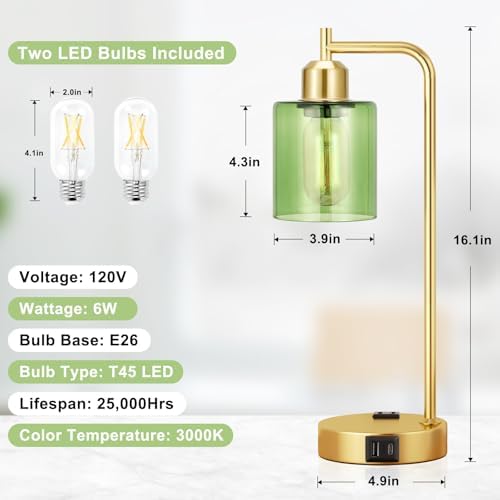 Innqoo Industrial Green Table Lamps for Bedrooms Set of 2-3-Way Dimmable Desk Lamp with USB C+A Ports and Outlet, Gold Lamps with Green Glass Shade for Living Room