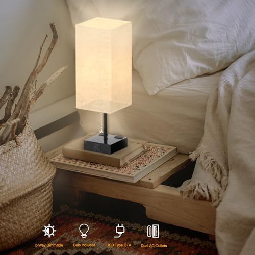 YIDPU Table Lamp for Bedroom with USB,Bedside Lamp with USB C+A Charging Ports,Adjustable 3color LED Light for Home Decor/Nightstand/Office,Included Bulb and Fabric Lamp Shade (Linen White, 1PCS)