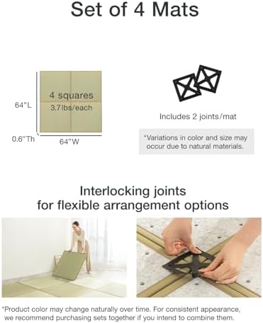 FULI Japanese Square Tatami Mat, 32x32x0.6 in, Natural, 4 Pieces, Igusa