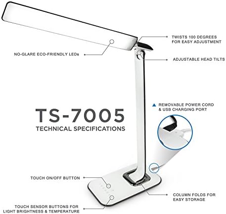 Turcom LED Desk Lamp With USB Charging Port Dimmable Touch Controls w/Color Adjustment, Eye Care Task Lamp, 5W, 1000 Lux,Multicolor