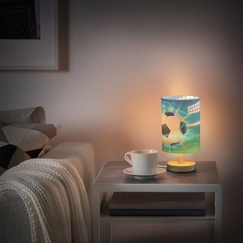 Bedside Lamp Soccer Ball on Field Table Lamp for Bedroom LED Nightstand Lamp Shade USB Ports Wood Base for Living Room Dorm Office