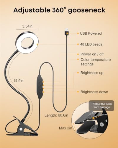 Clip‑On Book Light 5W Desk Lamp, USB Powered Reading Light for Bed