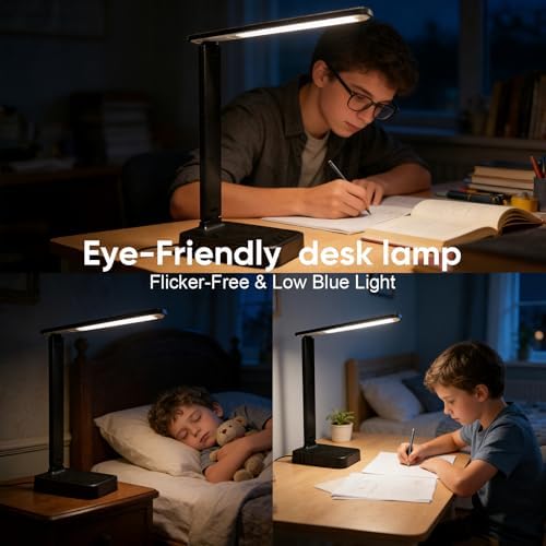 karidi LED Desk Lamp with Power Strip, 3 AC Outlets & 4 USB Ports (2 USB-C), Eye-Caring Task Light, 5 Color Modes 5 Brightness Dimmable, Sturdy Base Home Office Dorm Room Essentials