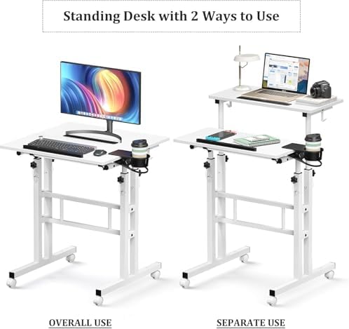 Simple Deluxe Split Top Rotating Standing Desk on Wheels – 23.6" Manual Adjustable Height Mobile Laptop Computer Table – Sit Stand Rolling Workstation with Tilt Function – White