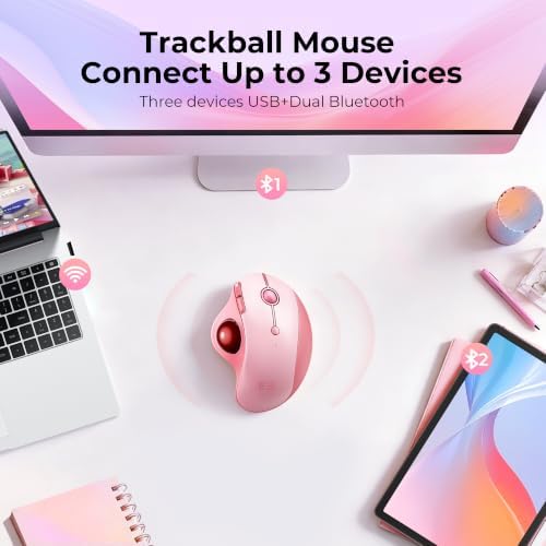 seenda Wireless Trackball Mouse, Ergonomic Bluetooth Rollerball Mouse,Pink