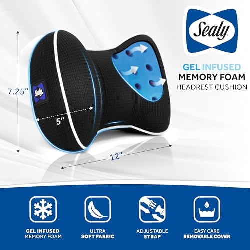 Sealy Memory Foam Neck Pillow for Car or Office Chair โ Cervical Neck Pillow, Cooling Car Headrest Pillow or Office Chair Cushion for Neck