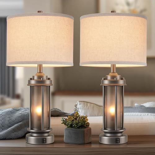 AIEAMPDO Set of 2 Farmhouse Bedroom Table Lamps with 2 USB C+A Ports