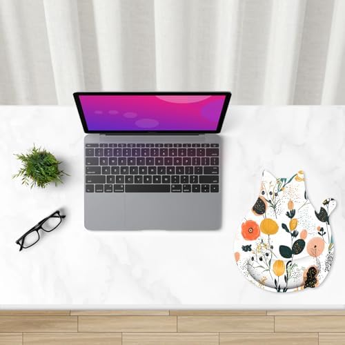 Ergonomic Mouse Pad with Wrist Rest, Cute Cat Memory Foam Padded Pain Relief Non-Slip Wrist Support Mouse Mat for Gaming Work Computer Laptop, Funny Office Supplies Desk Accessory, Cute Flower