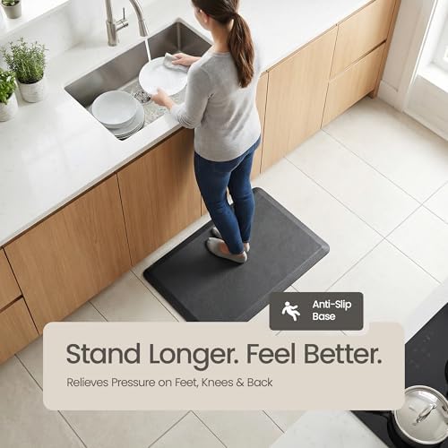 Anti Fatigue Kitchen Mats for Floor | Padded Kitchen Rugs | Non Slip, Cushioned Standing Desk Mat | Waterproof Floor Mat for Home and Office | 17.3" x 28" X 0.47", Black, 1-Pack | More Décor