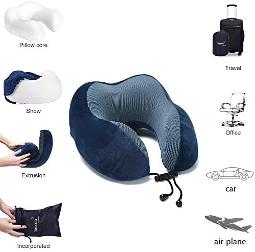 TALLGO Travel Pillow, Best Memory Foam Neck Pillow Head Support Soft Pillow for Sleeping Rest, Airplane Car & Home Use (Dark Blue)