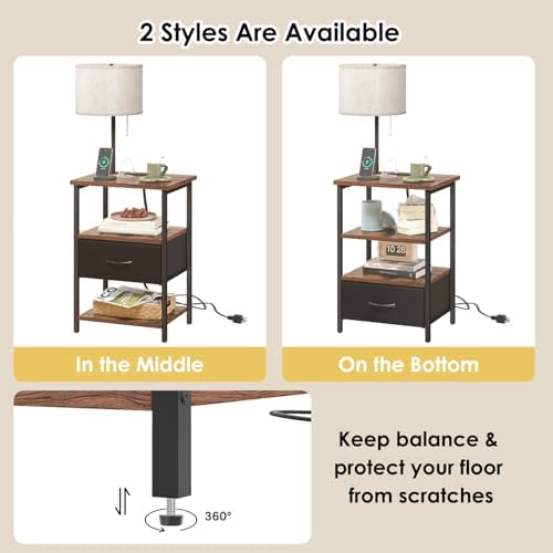 Fixwal Nightstand with Lights Bedside Table with 3 Color Temperatures Bulb, Night Stand with Charging Station End Table with Adjustable Fabric Drawer for Bedroom Dorm