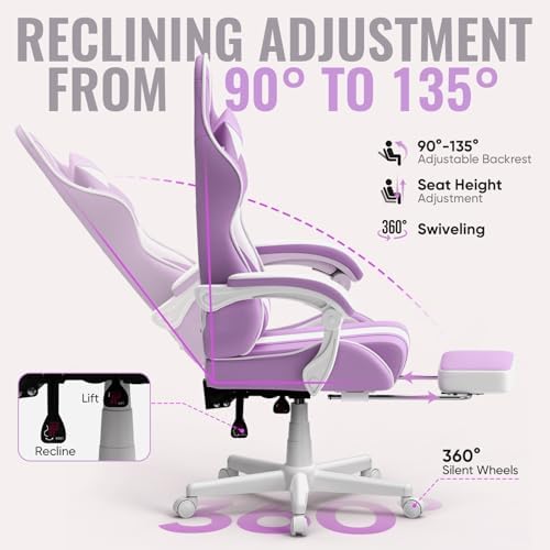 Ferghana Gaming Chairs, Ergonomic Racing Style PC Game Computer Chair with Headrest Lumbar Support Adjustable Recliner PU Leather Video Computer Chair(Light Purple)
