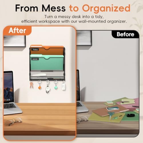 Wall File Holder Hanging Wall File Organizer, Wall Mount Mail Holder and Paper Organizer with Bottom Shelf & 5 Hooks for Office Home School (3-Tier 2Pack)