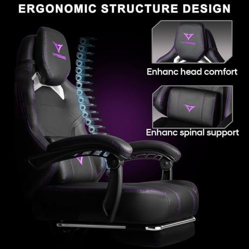 VITESSE Big and Tall Gaming Chair 400lb Weight Capacity with Footrest, Ergonomic Video Game Chair for Adults with Oversized Headrest and Lumbar Pillow, Computer Chair Gaming for Office (Black+Purple)
