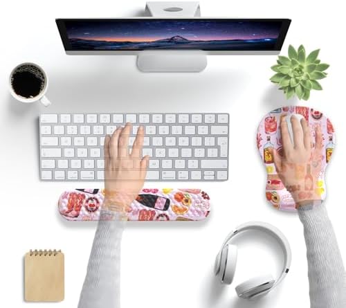 Cute Pink Mouse Pad and Keyboard with Wrist Rest Ergonomic Aesthetic Gaming Mouse Pads, Best Desk Decor Office Cute Pink Desk Accessories Mouse Pad with Wrist Rest, Vacation Style Soft Gel Material