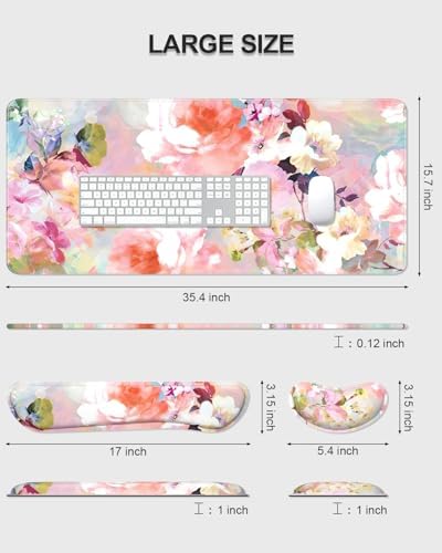 Auhoahsil Large Mouse Pad with Wrist Rests for Keyboard & Mouse, Thick Soft Ergonomic Memory Foam Wrist Supports, Big & Long Desk Mat 35.5 x 15.7 in, for Office Gaming Computer, Pink Flowers