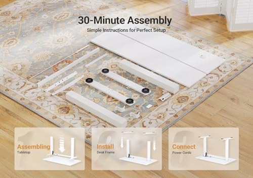 Seang Electric Standing Desk Adjustable Height, 55 x 24 Inch Sit Stand Desk with T-Shaped Frame, 3 Memory Presets & Cable Management for Home Office Computer Workstation, White Frame/White Top