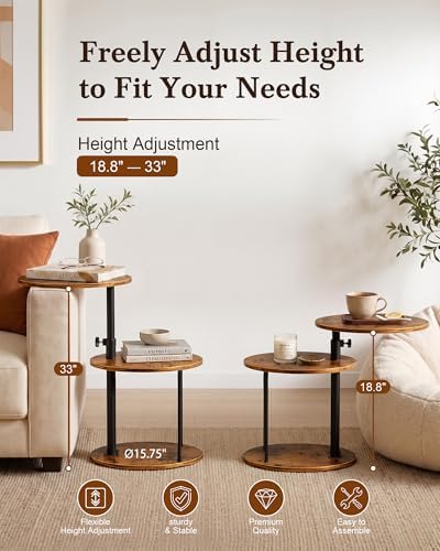 Faesun Swivel Round Table for Couch Arm, Height Adjustable C Shaped End Table for Recliner or Bed, Tv Trays with Storage Shelf for Small Spaces- Small Nightstand for Living Room, Bedroom, Rustic