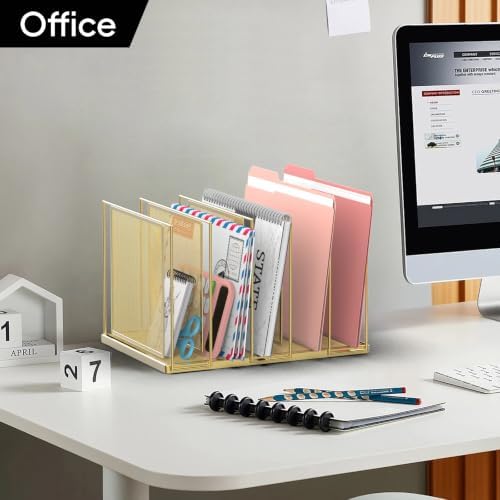 File Organizer for Desk, 5-Section Vertical File Sorter, Paper Holder Organizer Standing Metal File Folder for Office Home Classroom, Gold