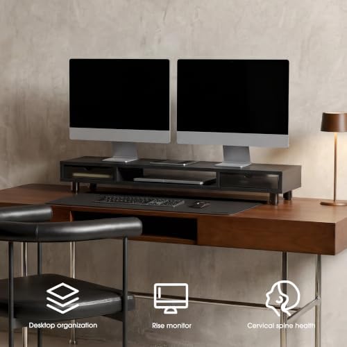 Fenge Dual Monitor Riser with 2 Drawers, 42.5in Long Desk Shelf, Black