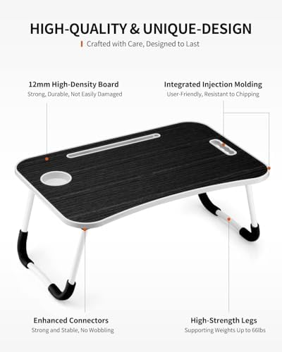 FISYOD Foldable Laptop Table, Portable Lap Desk Bed Table Tray, Laptop Stand with Cup Holder & Tablet Slot & Lifting Handle for Working Writing Drawing & Eating (Black Grain)