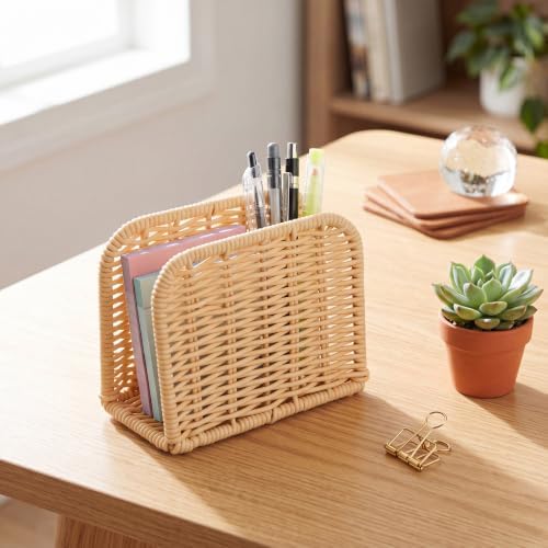Rattan Mail Organizer for Desk Mail Holder Countertop Rattan Letter Sorter File Holder Envelope Book Stand Farmhouse Office Desk Organizer and Storage Accessories