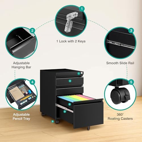 3 Drawer File Cabinet with Lock,Under Desk File Cabinet with Wheels,Black Rolling Filing Cabinets,Three Drawer Metal Filing Cabinet for Home Office,Fit A4/Letter/Legal File,- Assembly Required
