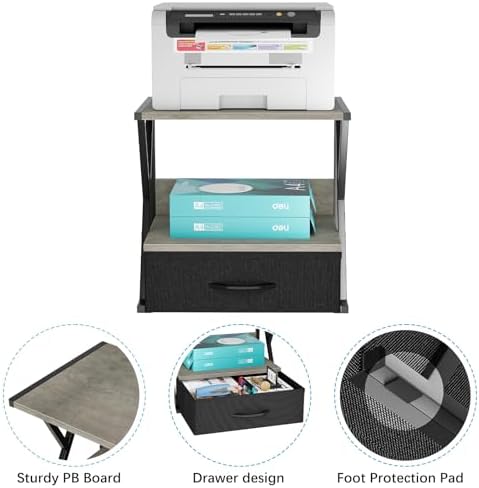 aboxoo Printer Stand for Desk with Storage Drawer, 2 Tier Desktop Or Under Desk Shelf, Multi-Purpose Desks Organizer for Home Office, fit Fax Machine/3D Printer/Scanner, Grey