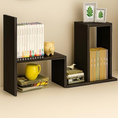 Desktop Shelf Organizer, Adjustable Wood Office Storage Rack, Counter Display Small Bookshelf for Home/Office/School(Dark Walnut)