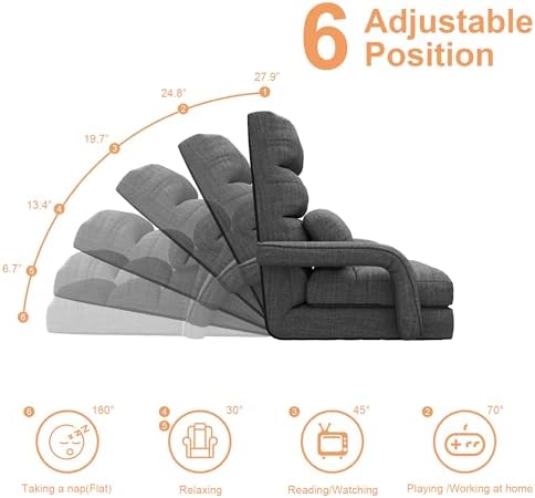 Adjustable Floor Gaming Chair for Adults, 6-Position Chaise Lounge Chair with Meditation Arm, Foldable Lazy Sofa with Pillow, Comfy Chair Indoor for Bedroom Dorm Living Room, Charcoal
