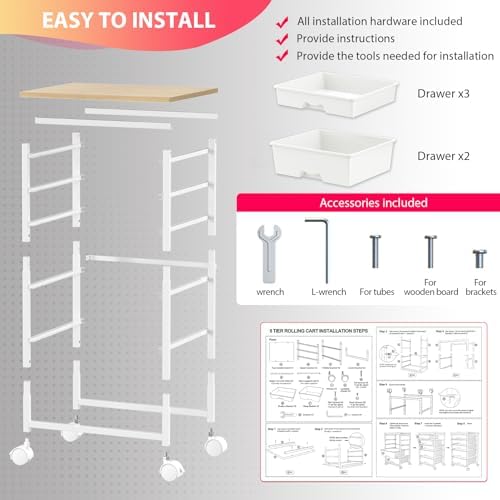 Goovilla Rolling Cart with 5 Drawers for Craft, Art, Dorm, Office, White