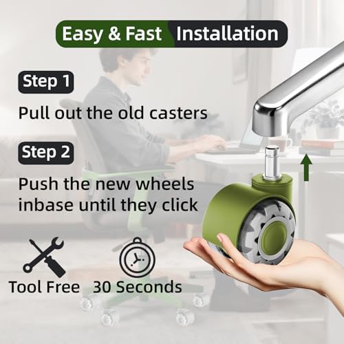 2 Inch Office Chair Wheels, 7/16" Universal Stem, Green, 5 Pack