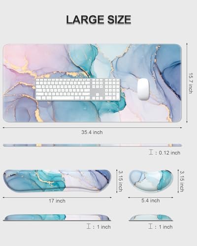 Auhoahsil Large Mouse Pad with Wrist Rests for Keyboard & Mouse, Thick Soft Ergonomic Memory Foam Wrist Supports, Big & Long Desk Mat 35.5 x 15.7 in, for Office Gaming Computer, Blue Pink Marble