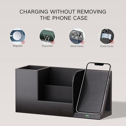 LADSTAG Pen Organizer with Phone Stand,Black Vegan Leather Desk Organizers with Remote Control Holder,Pencil Holder for Desk,Desk Organizer with Phone Charger for Office/Nightstand/Endtable