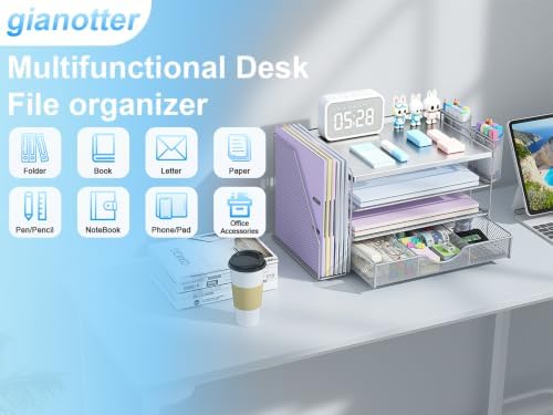 gianotter Desk Organizers and Accessories with File Holder, 4-Tier Desk Accessories & Workspace Organizers with Drawer and 2 Pen Holder, Desk Reference Organizer (Grey, 4T with Metal Drawer)