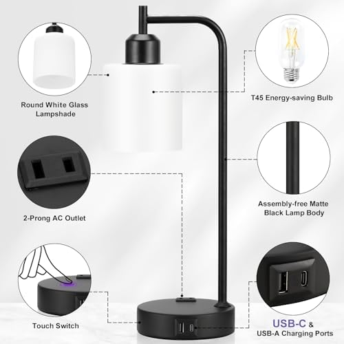 Industrial Touch Bedside Lamps for Bedrooms Set of 2 - 3-Way Dimmable Nightstand Lamps with USB C+A Ports and Outlet, Table Lamps with Opal Glass Shade for Living Room, Desk Lamps for Home Office