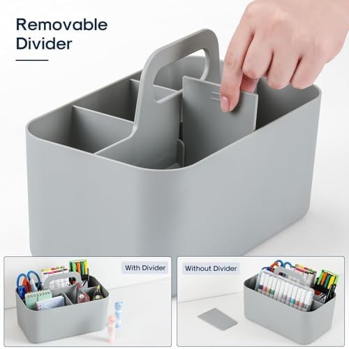 Multiuse Caddy Organizer with Handle, Portable Divided Plastic Tote Bin - Art Craft, Stationary Pen Marker Crayons, Makeup Hair Supplies Storage - Bathroom, Classroom, Dorm, Office, Desk Holder - Grey