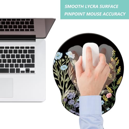 Mouse Pad with Wrist Support, Ergonomic Mouse Pad with Memory Foam Wrist Rest Cushion, Non-Slip Rubber Base Gaming Mice Pad for Home Office Computer Laptop, Flowers Black
