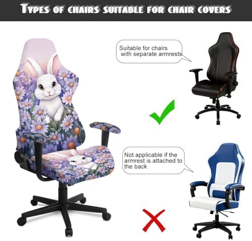 Rabbit Daisy Print Gaming Chair Cover Slipcovers 4pcs with Armrest Covers Washable Anti Scratch Furniture Protector Stretchable Office Chair Slipcover